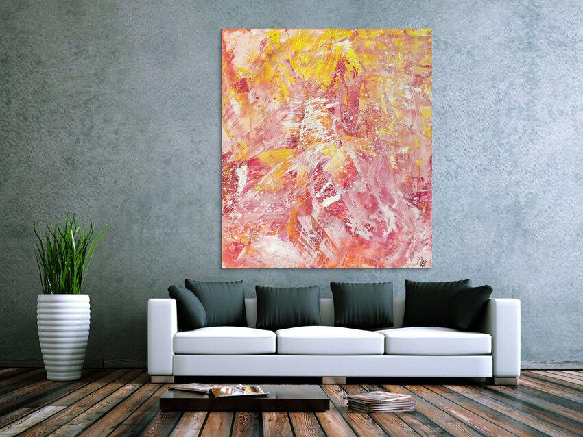 Abstraktes Gemälde Action Painting gelb rosa weiß Modern Art auf Leinwand handgemalt hochformat