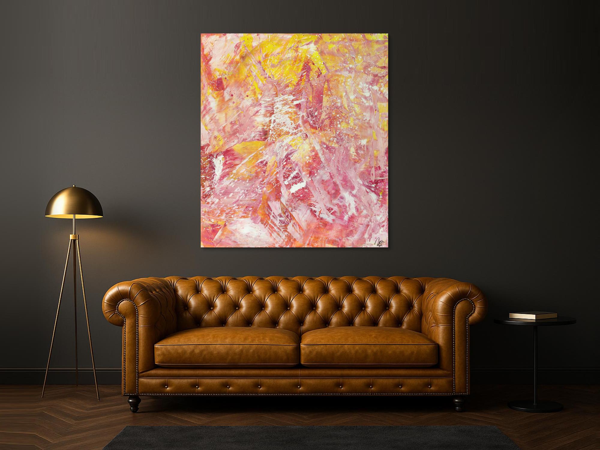 Abstraktes Gemälde Action Painting gelb rosa weiß Modern Art auf Leinwand handgemalt hochformat