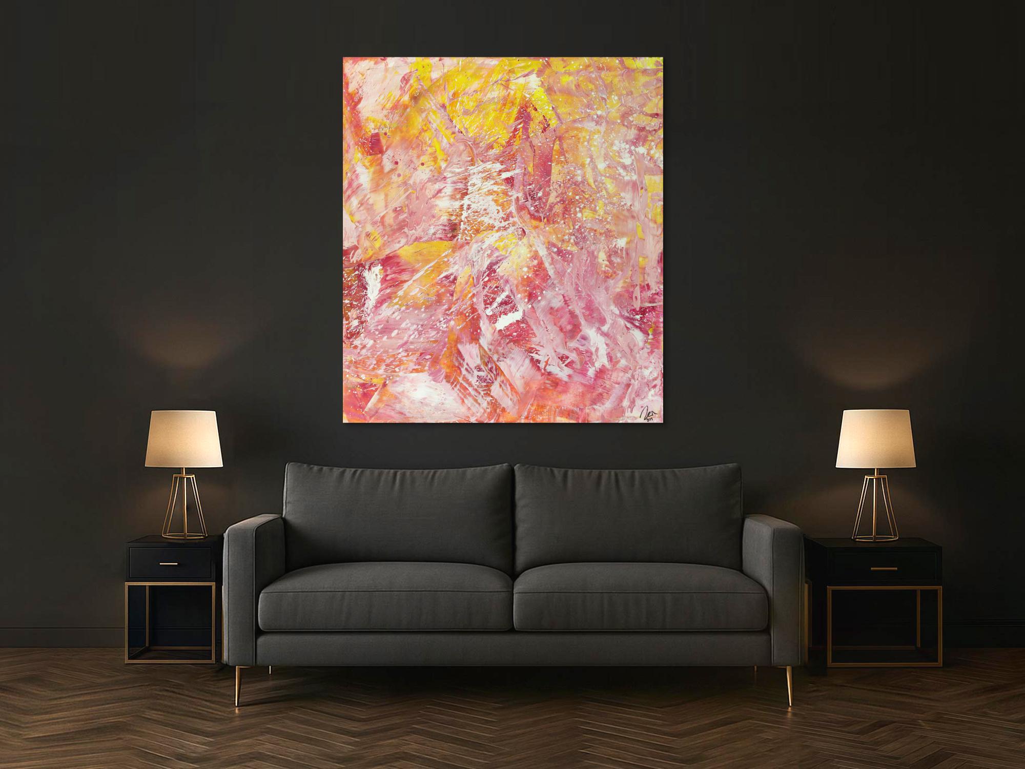 Abstraktes Gemälde Action Painting gelb rosa weiß Modern Art auf Leinwand handgemalt hochformat