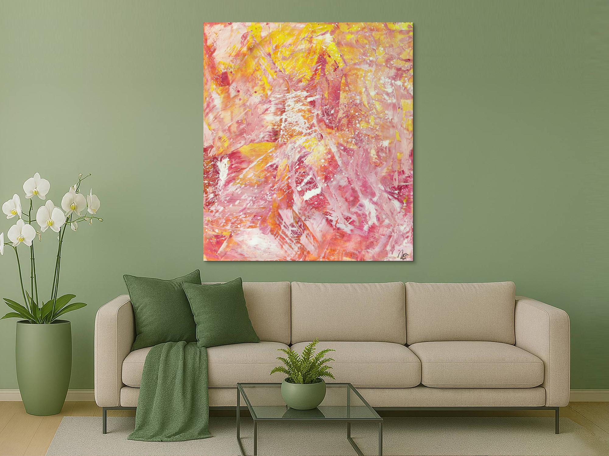 Abstraktes Gemälde Action Painting gelb rosa weiß Modern Art auf Leinwand handgemalt hochformat