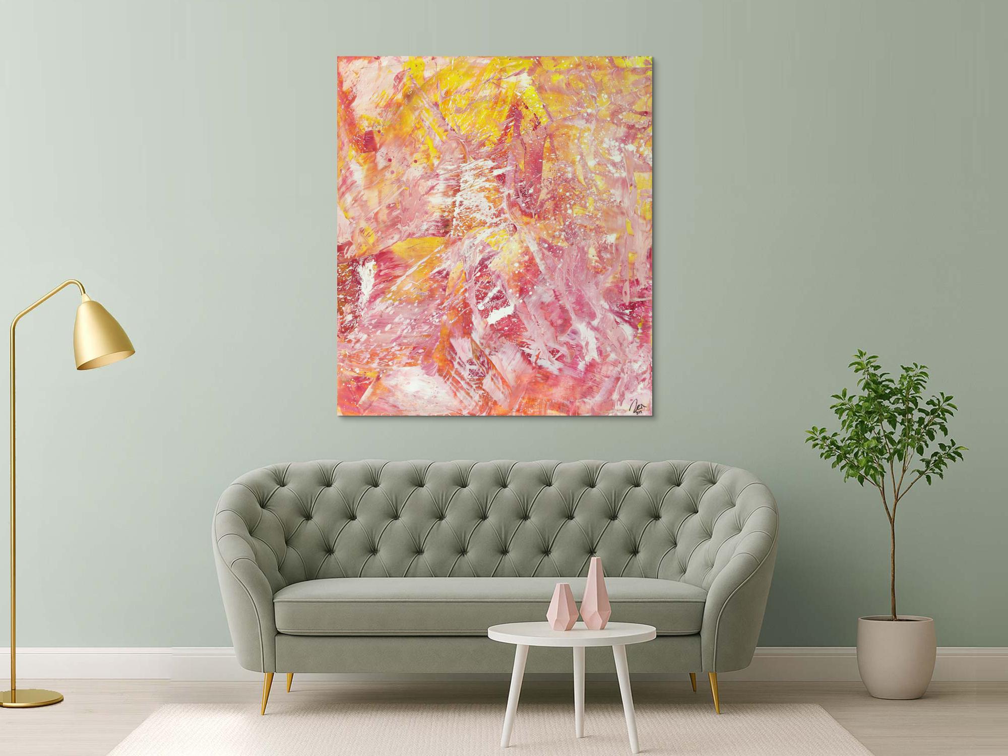 Abstraktes Gemälde Action Painting gelb rosa weiß Modern Art auf Leinwand handgemalt hochformat