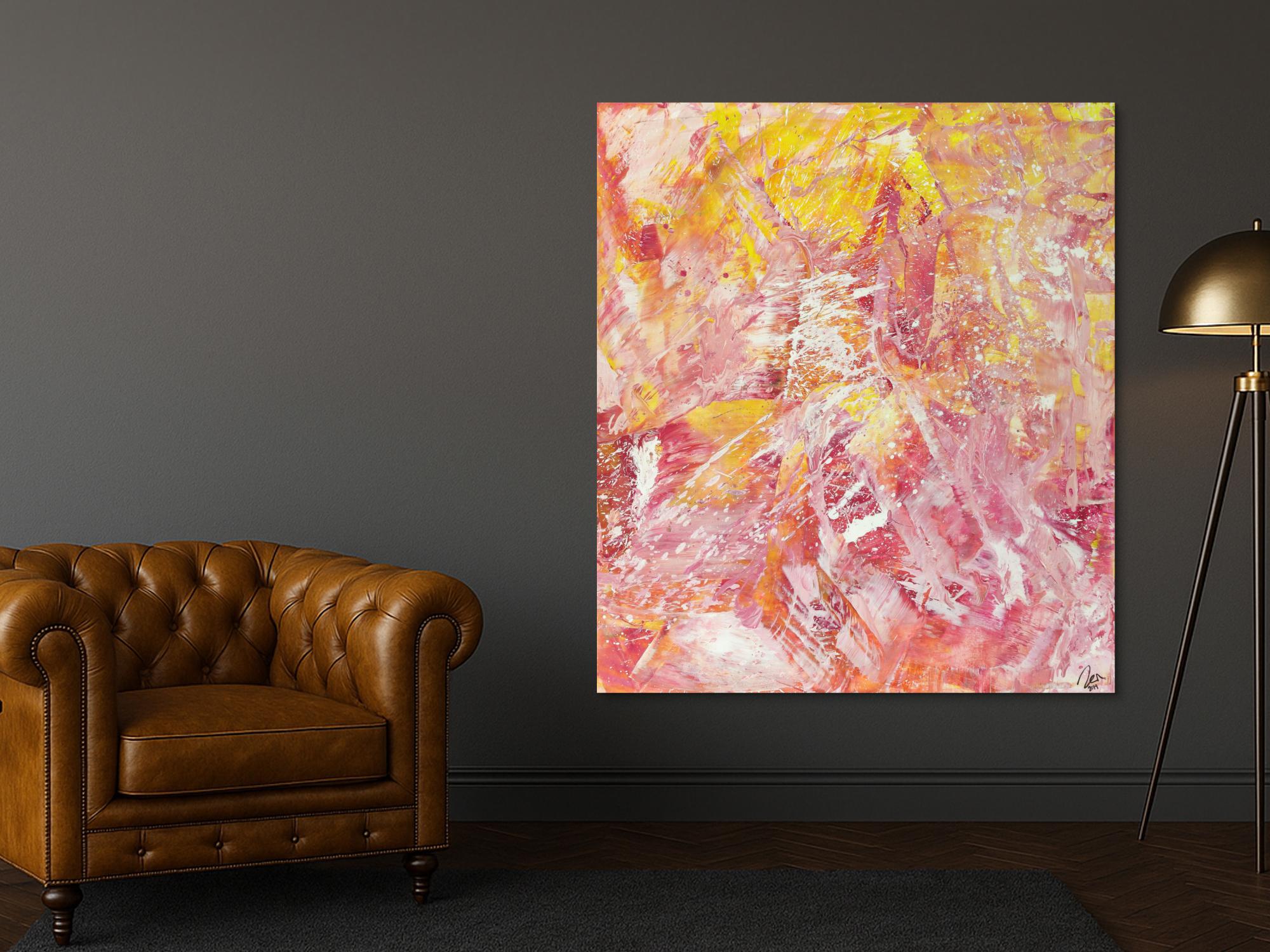 Abstraktes Gemälde Action Painting gelb rosa weiß Modern Art auf Leinwand handgemalt hochformat