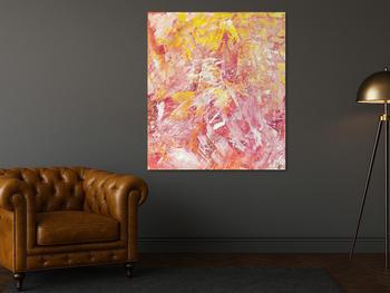 Abstraktes Gemälde Action Painting gelb rosa weiß Modern Art auf Leinwand handgemalt hochformat