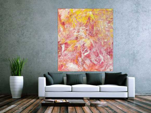 Abstraktes Gemälde Action Painting gelb rosa weiß Modern Art auf Leinwand handgemalt hochformat