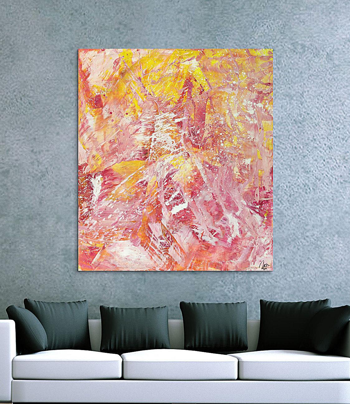 Abstraktes Gemälde Action Painting gelb rosa weiß Modern Art auf Leinwand handgemalt hochformat