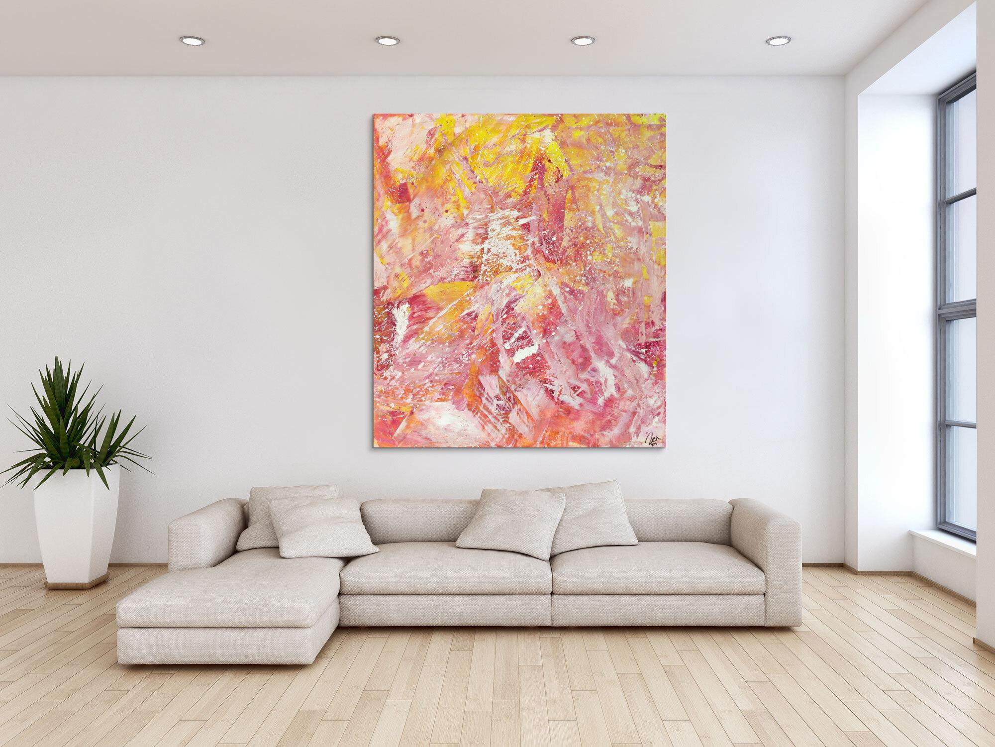 Abstraktes Gemälde Action Painting gelb rosa weiß Modern Art auf Leinwand handgemalt hochformat