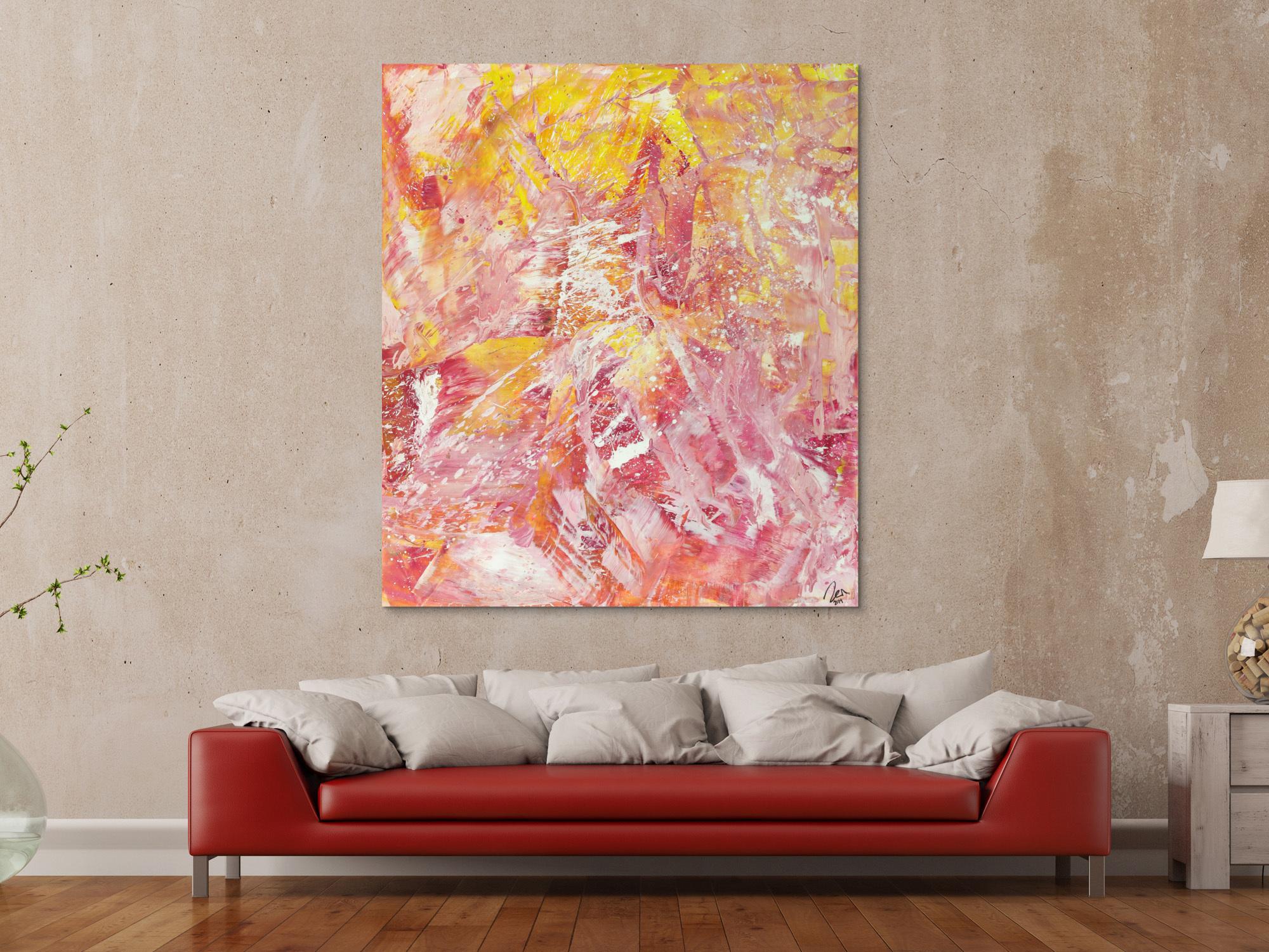 Abstraktes Gemälde Action Painting gelb rosa weiß Modern Art auf Leinwand handgemalt hochformat