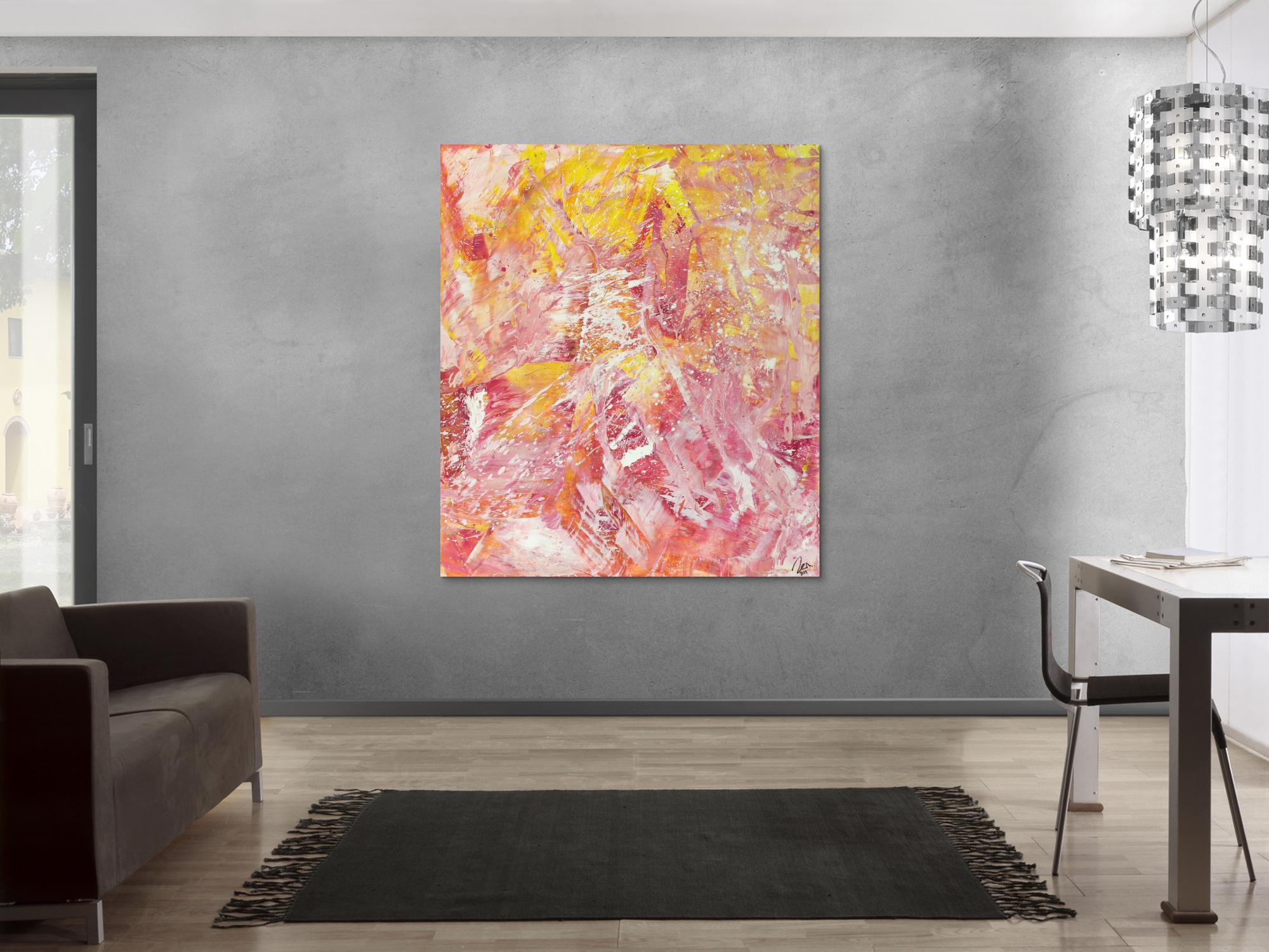 Abstraktes Gemälde Action Painting gelb rosa weiß Modern Art auf Leinwand handgemalt hochformat