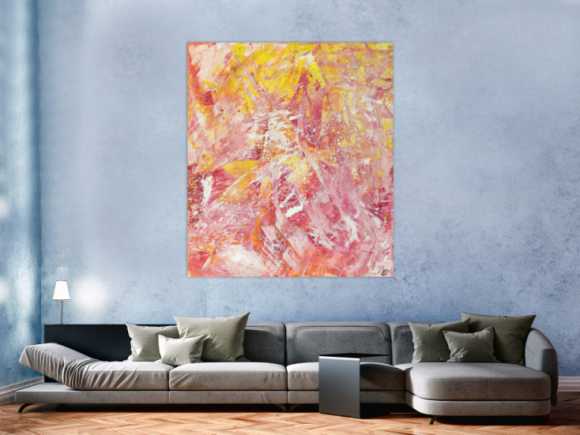 Abstraktes Gemälde Action Painting gelb rosa weiß Modern Art auf Leinwand handgemalt hochformat