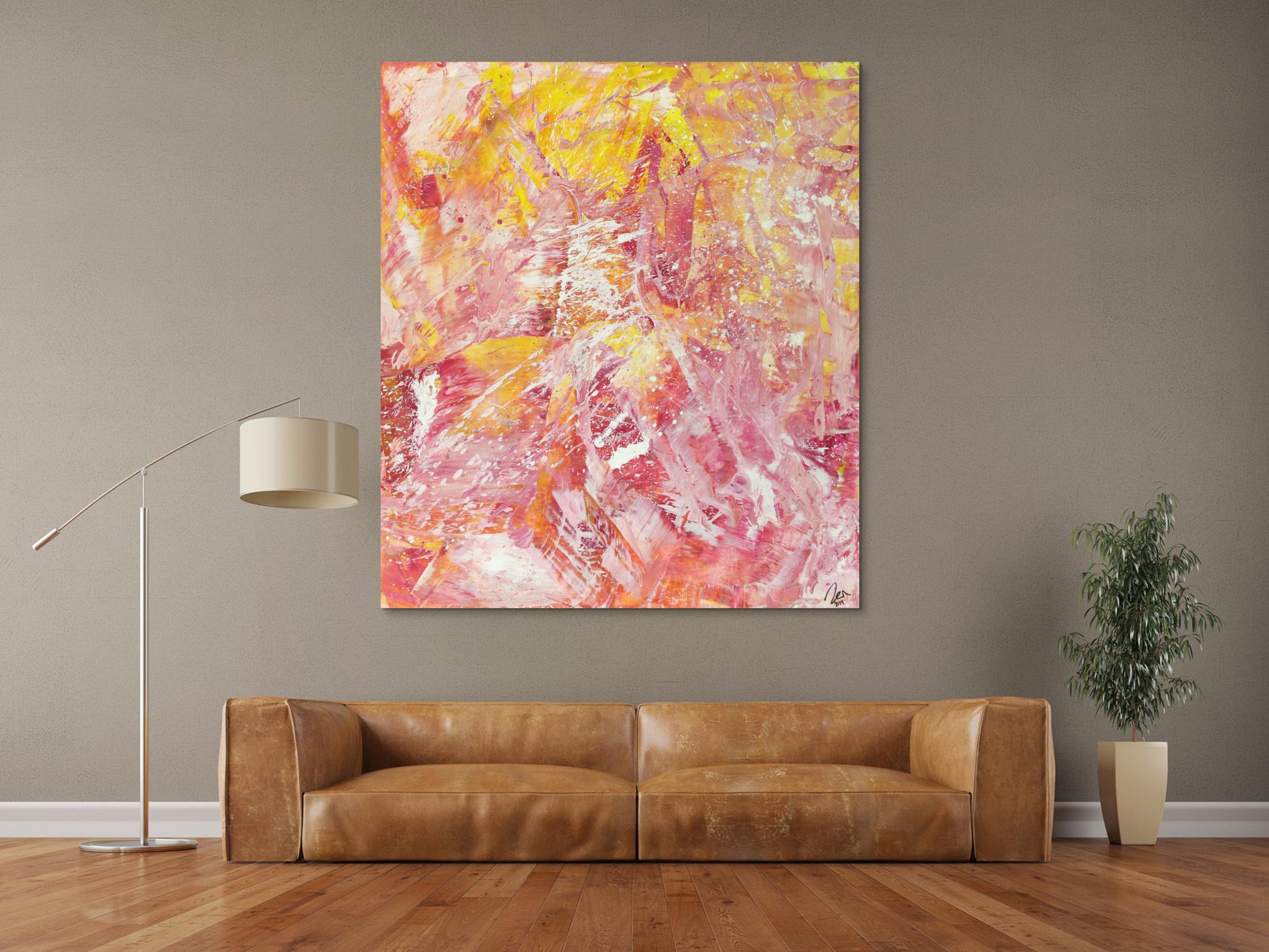 Abstraktes Gemälde Action Painting gelb rosa weiß Modern Art auf Leinwand handgemalt hochformat