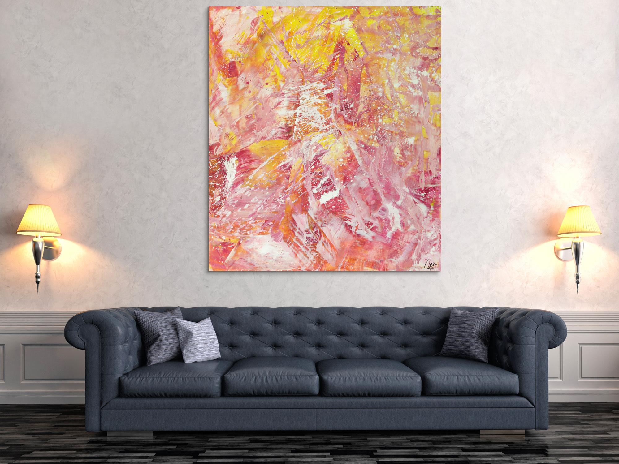 Abstraktes Gemälde Action Painting gelb rosa weiß Modern Art auf Leinwand handgemalt hochformat