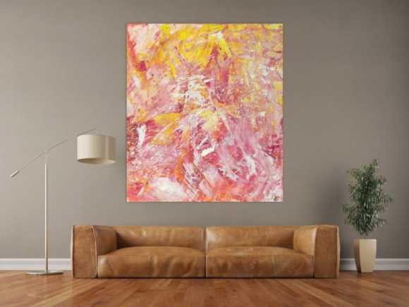 Abstraktes Gemälde Action Painting gelb rosa weiß Modern Art auf Leinwand handgemalt hochformat