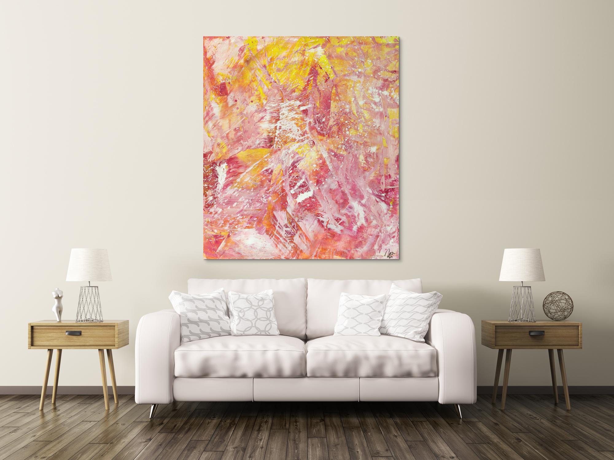 Abstraktes Gemälde Action Painting gelb rosa weiß Modern Art auf Leinwand handgemalt hochformat