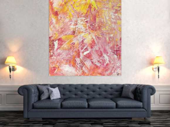 Abstraktes Gemälde Action Painting gelb rosa weiß Modern Art auf Leinwand handgemalt hochformat
