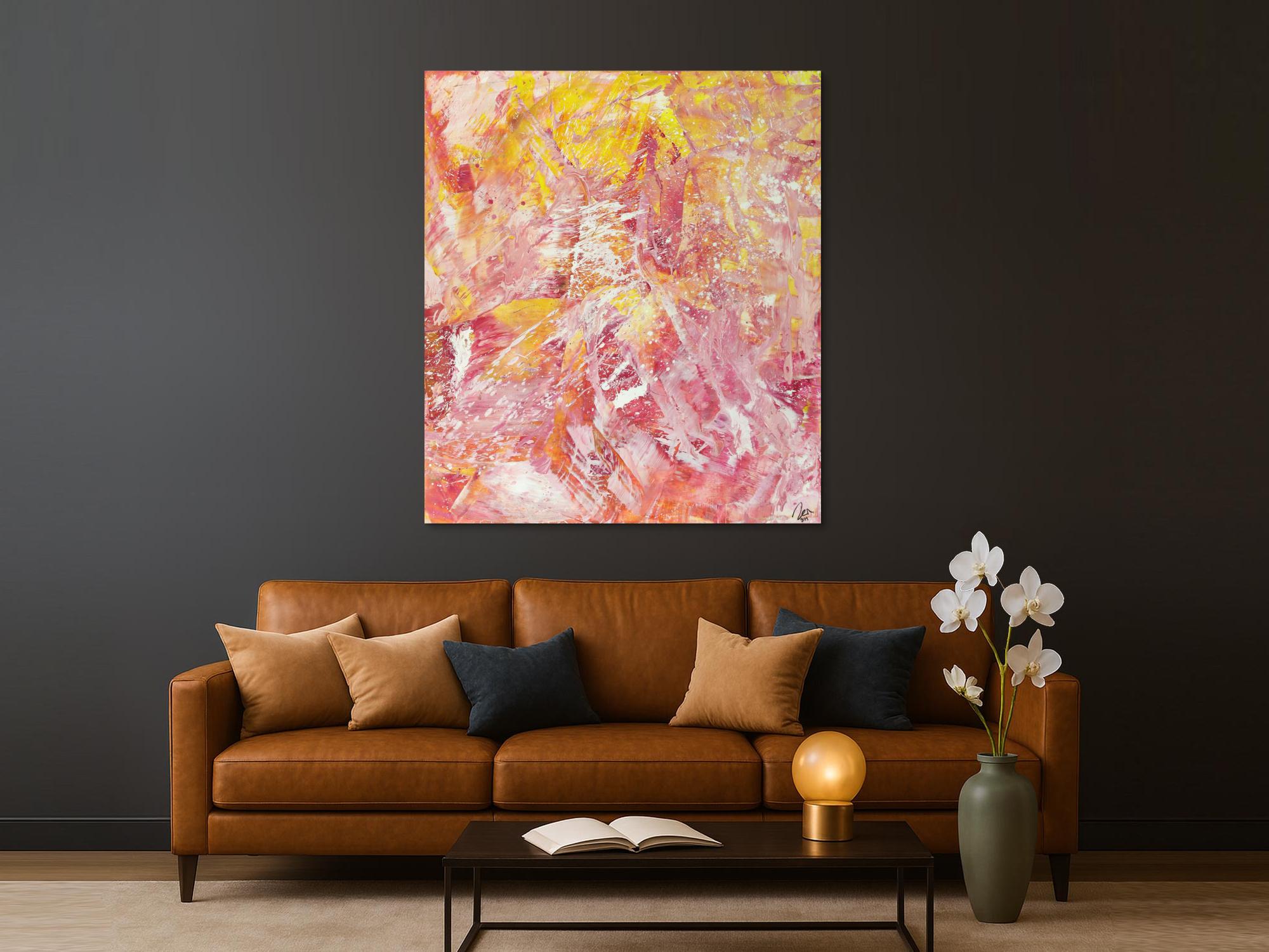 Abstraktes Gemälde Action Painting gelb rosa weiß Modern Art auf Leinwand handgemalt hochformat