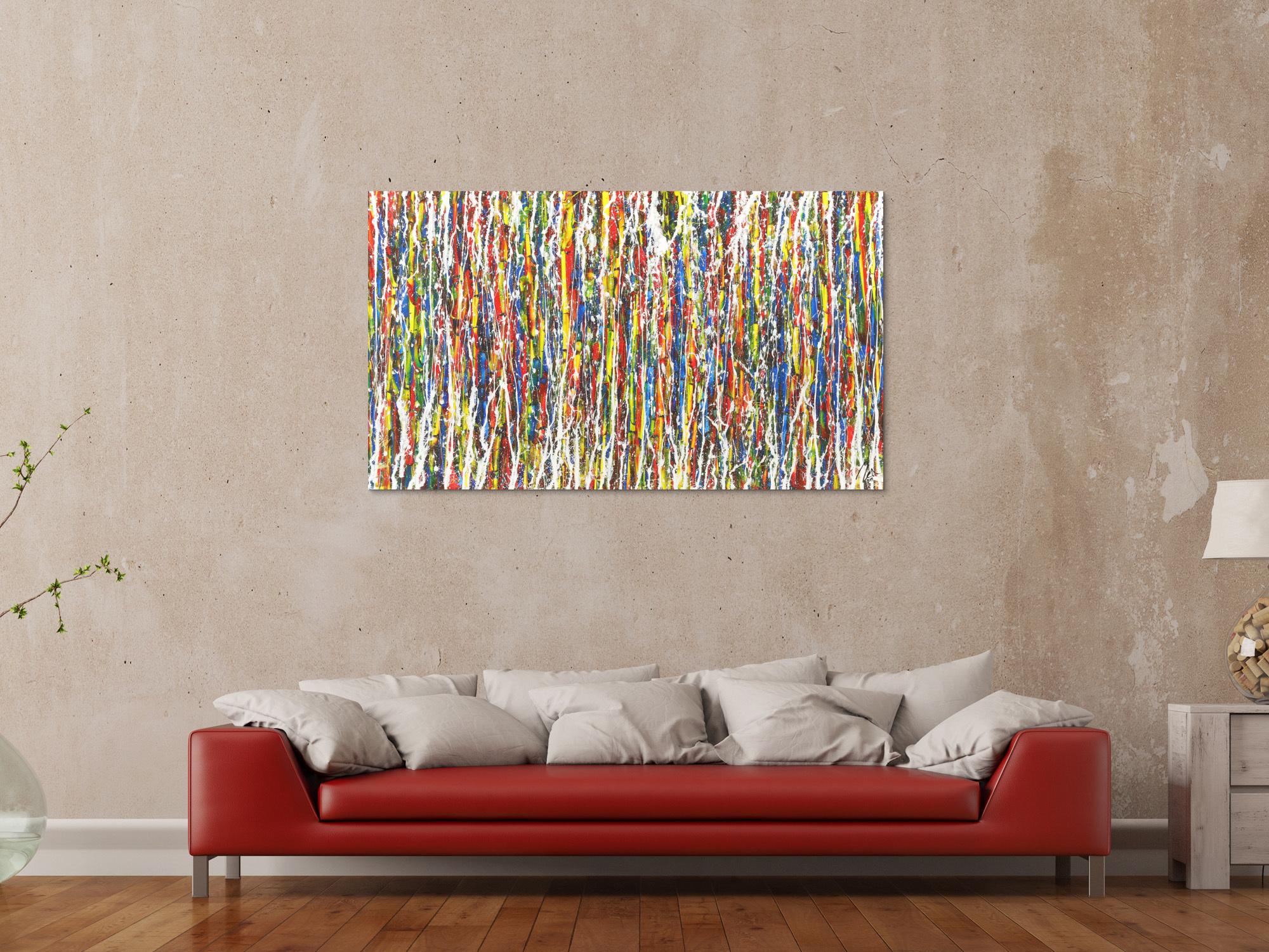 Abstraktes Gemälde Acryl Action Painting auf Leinwand sehr bunt handgemalt
