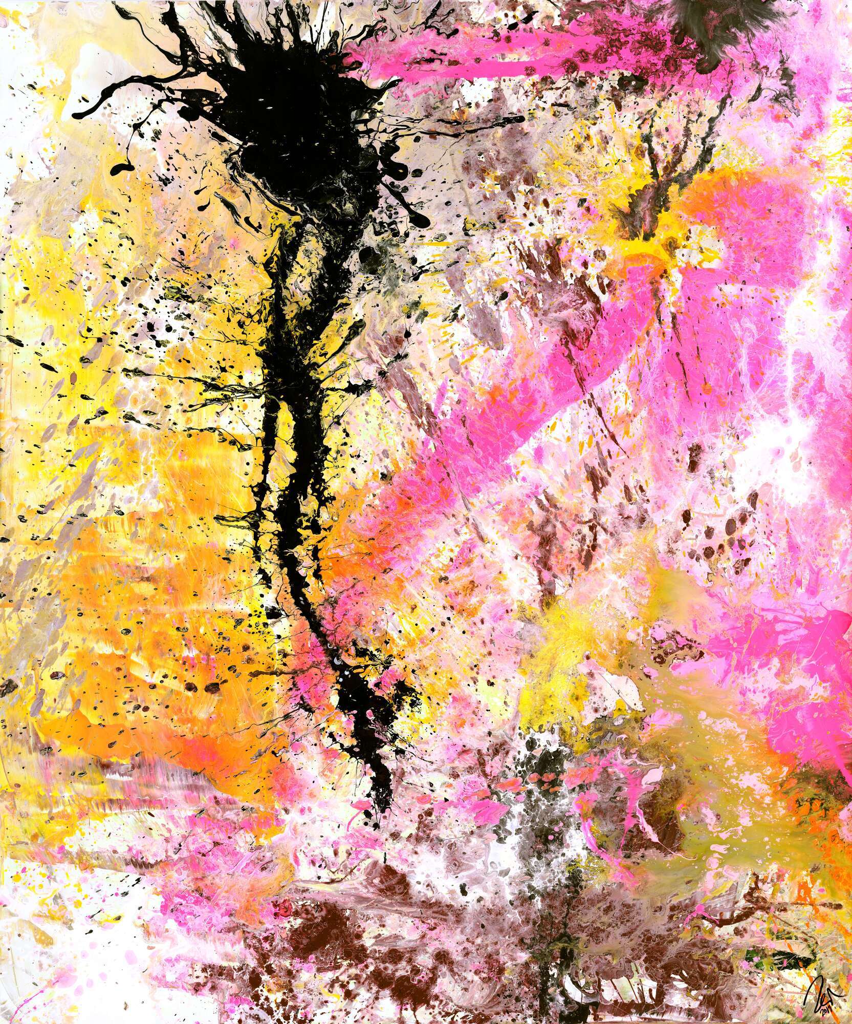 Abstraktes Gemälde Modern Art Action Painting neon Farben weiß pink gelb schwarz hochformat