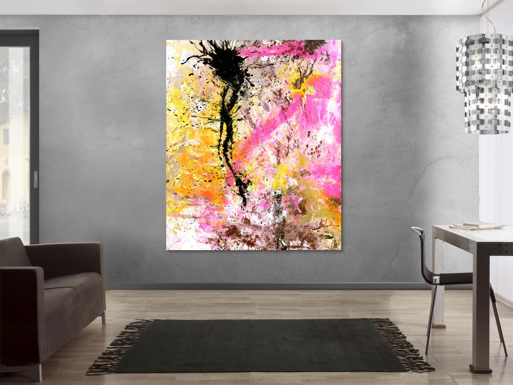 Abstraktes Gemälde Modern Art Action Painting neon Farben weiß pink gelb schwarz hochformat