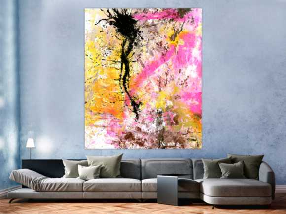 Abstraktes Gemälde Modern Art Action Painting neon Farben weiß pink gelb schwarz hochformat