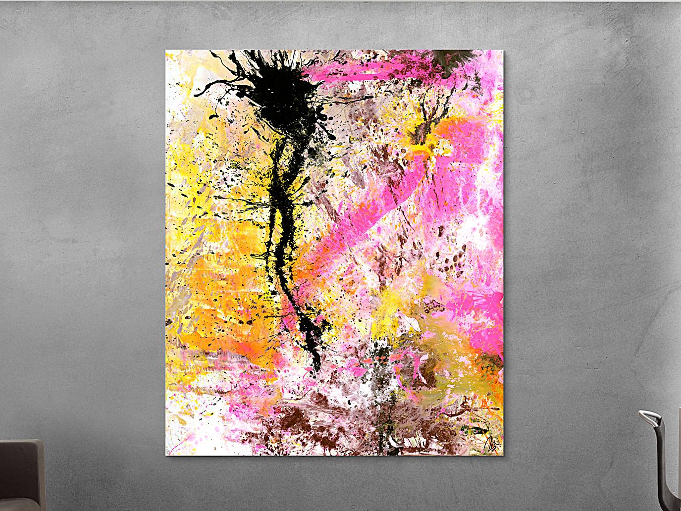 Abstraktes Gemälde Modern Art Action Painting neon Farben weiß pink gelb schwarz hochformat