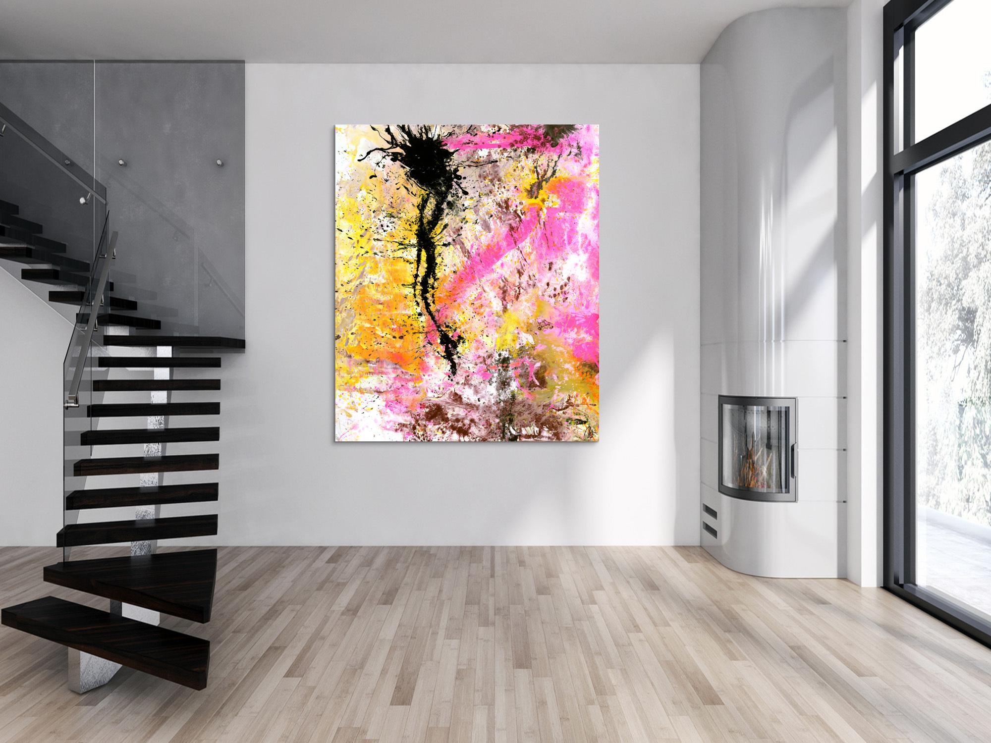 Abstraktes Gemälde Modern Art Action Painting neon Farben weiß pink gelb schwarz hochformat