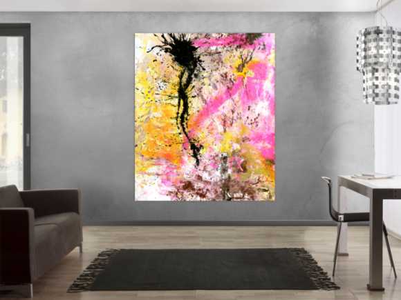 Abstraktes Gemälde Modern Art Action Painting neon Farben weiß pink gelb schwarz hochformat
