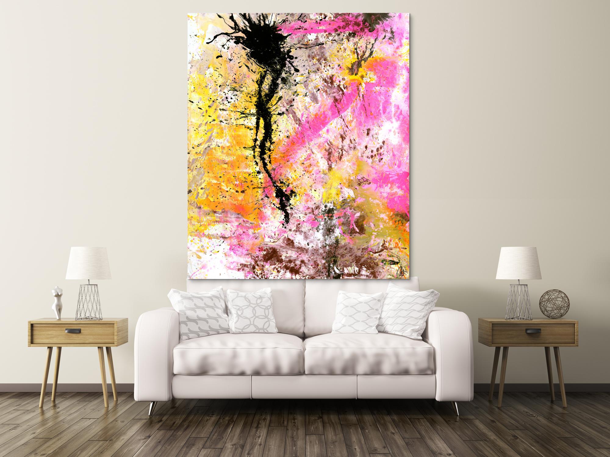 Abstraktes Gemälde Modern Art Action Painting neon Farben weiß pink gelb schwarz hochformat