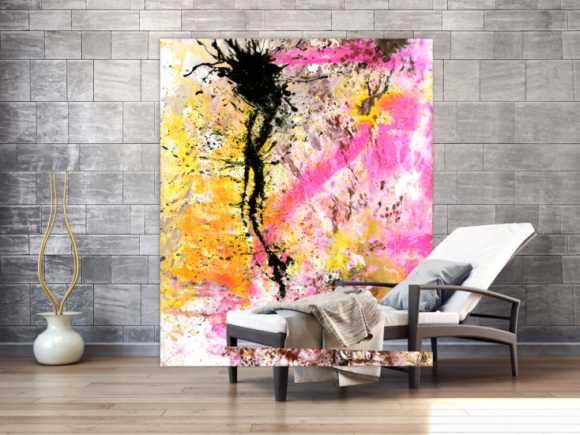 Abstraktes Gemälde Modern Art Action Painting neon Farben weiß pink gelb schwarz hochformat