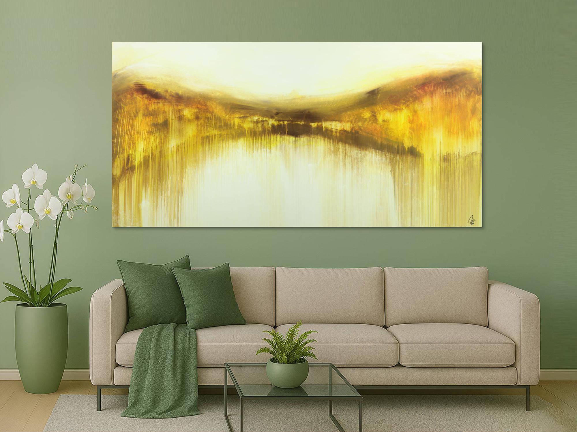 Abstraktes Gemälde handgemalt auf Leinwand weiß gelb braun zeitgenössisch