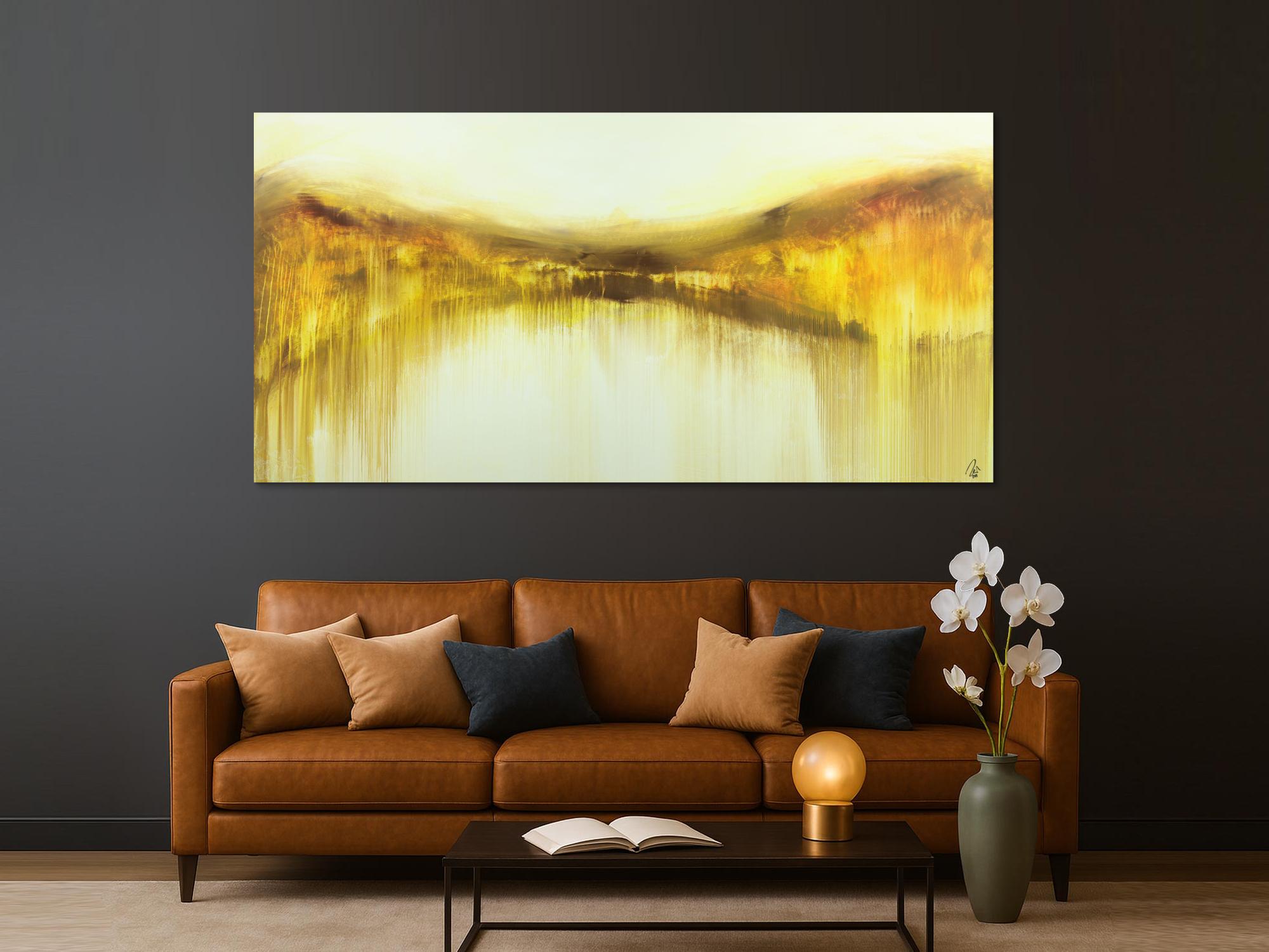 Abstraktes Gemälde handgemalt auf Leinwand weiß gelb braun zeitgenössisch