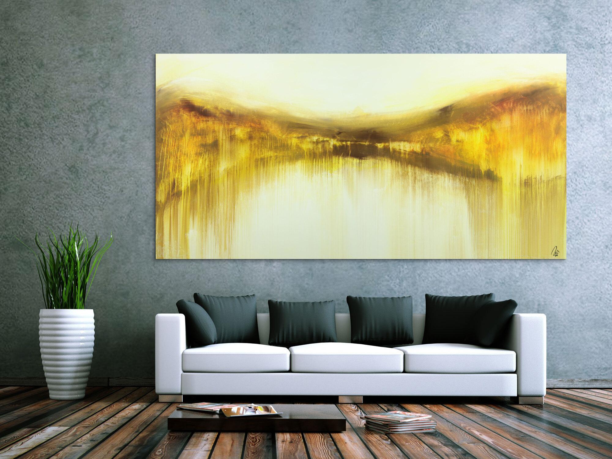 Abstraktes Gemälde handgemalt auf Leinwand weiß gelb braun zeitgenössisch