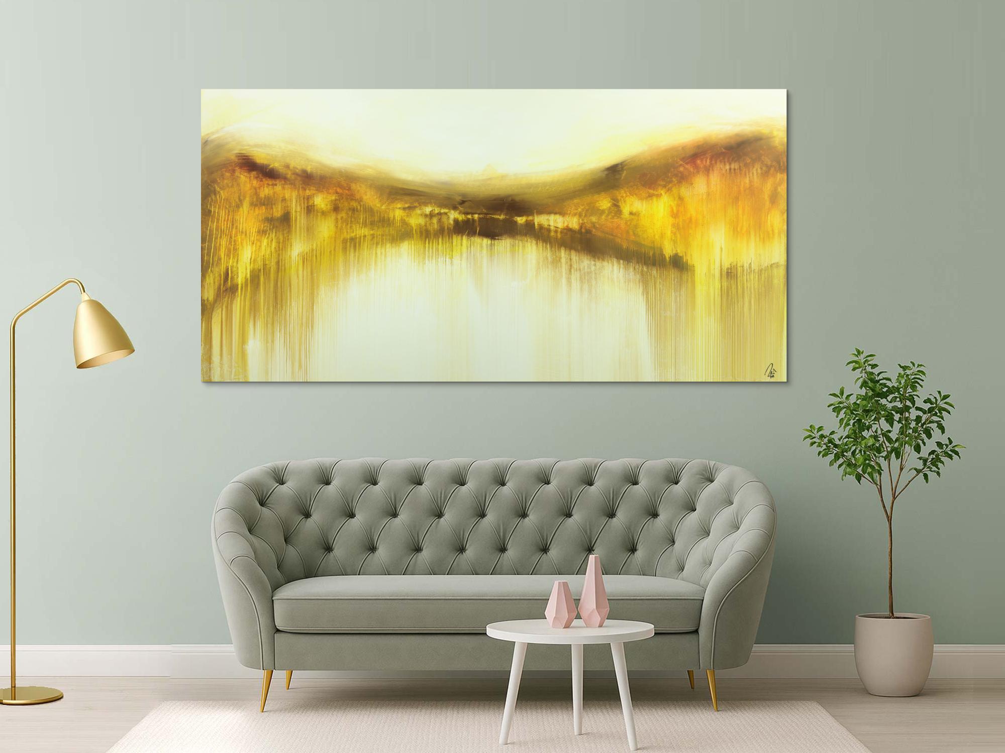 Abstraktes Gemälde handgemalt auf Leinwand weiß gelb braun zeitgenössisch