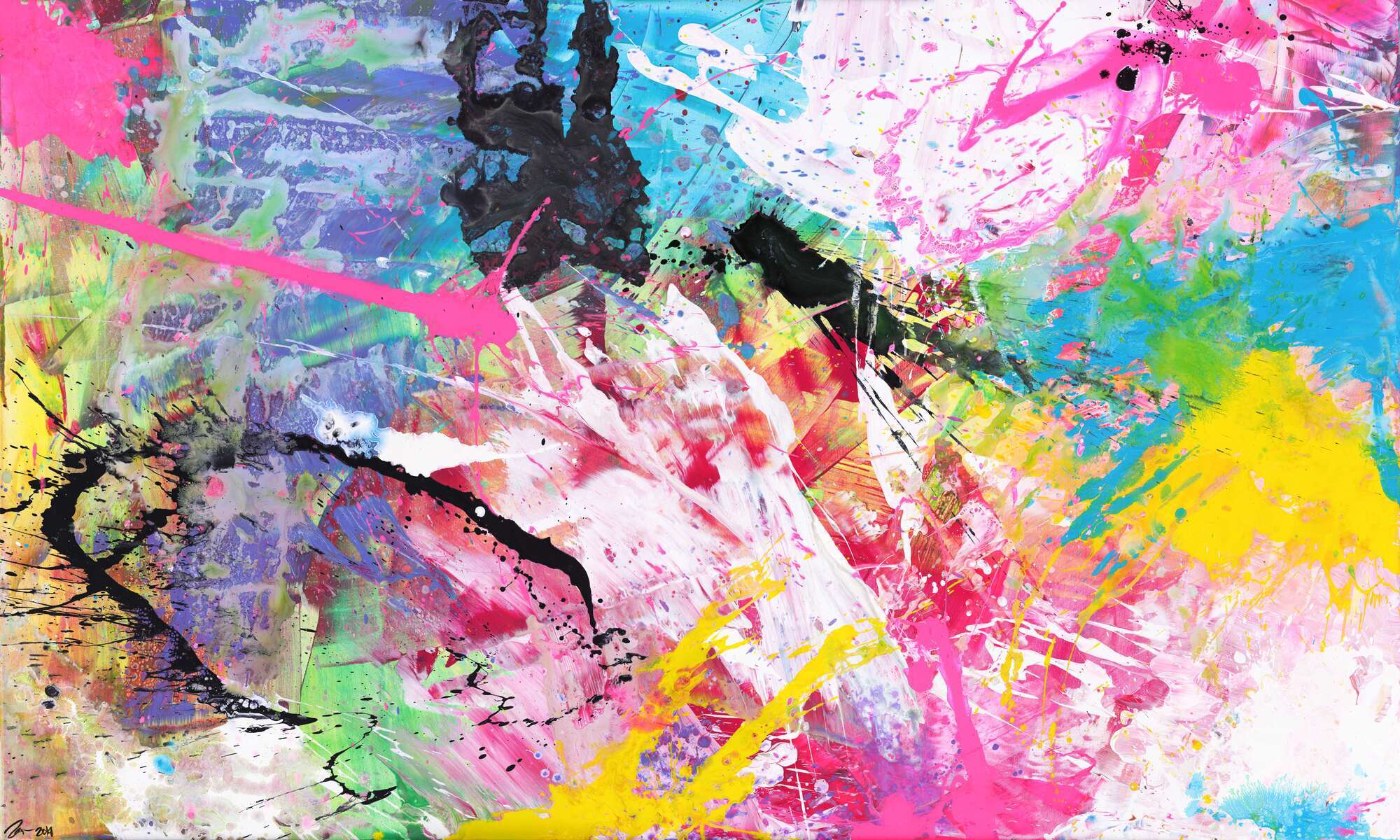 Abstraktes Gemälde sehr bunt neon Farben Action Painting Modern Art