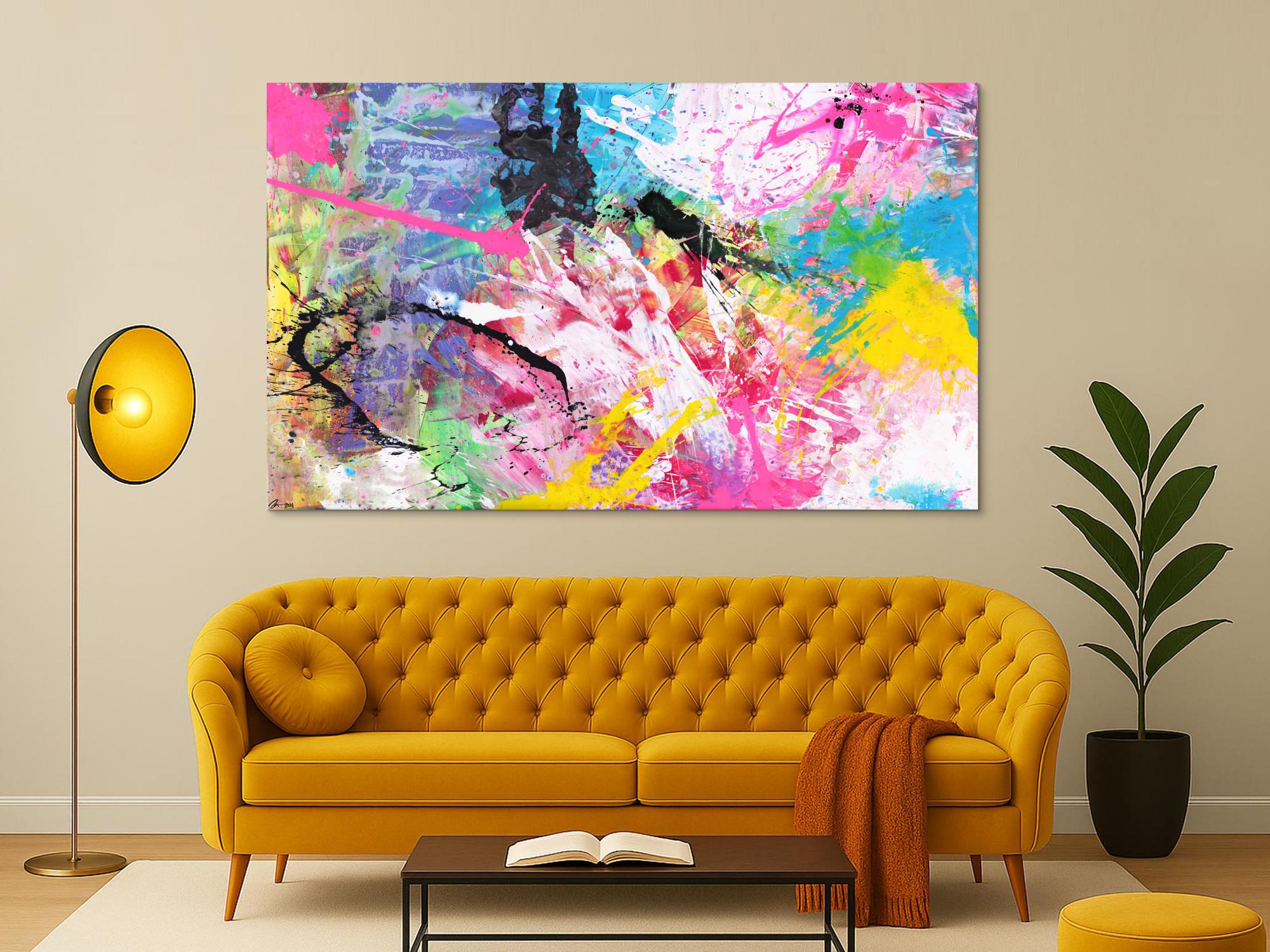 Abstraktes Gemälde sehr bunt neon Farben Action Painting Modern Art