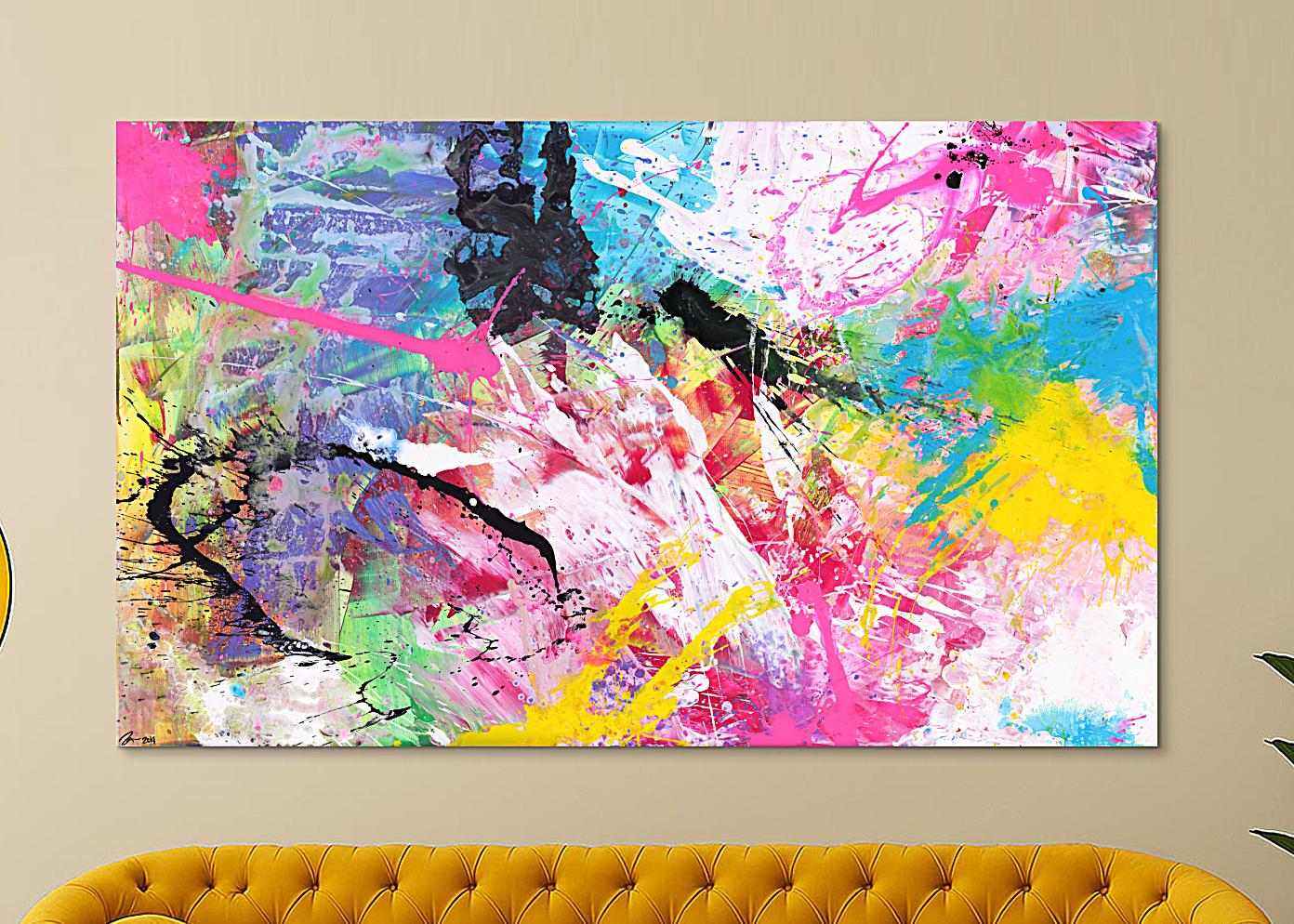 Abstraktes Gemälde sehr bunt neon Farben Action Painting Modern Art