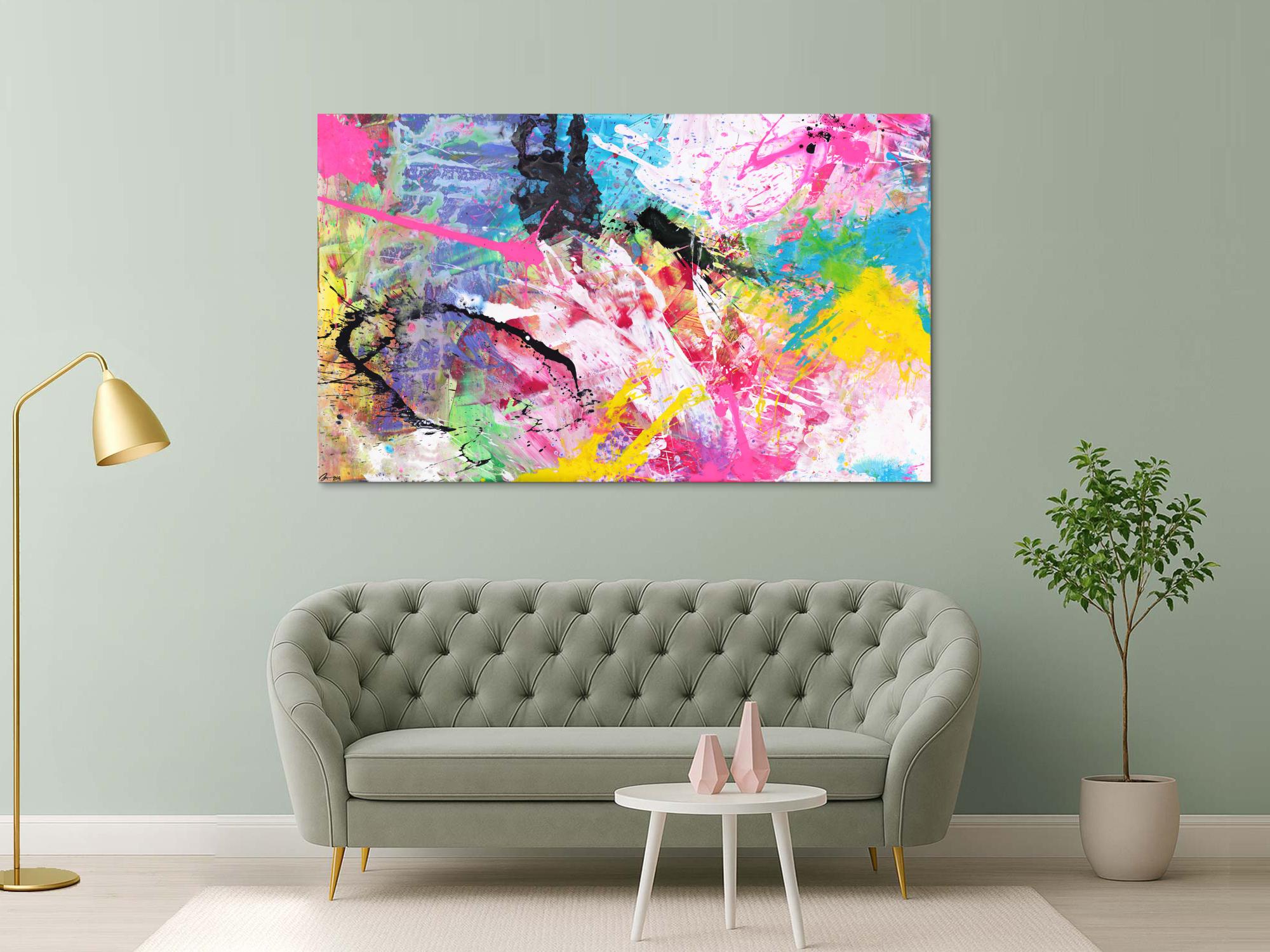 Abstraktes Gemälde sehr bunt neon Farben Action Painting Modern Art