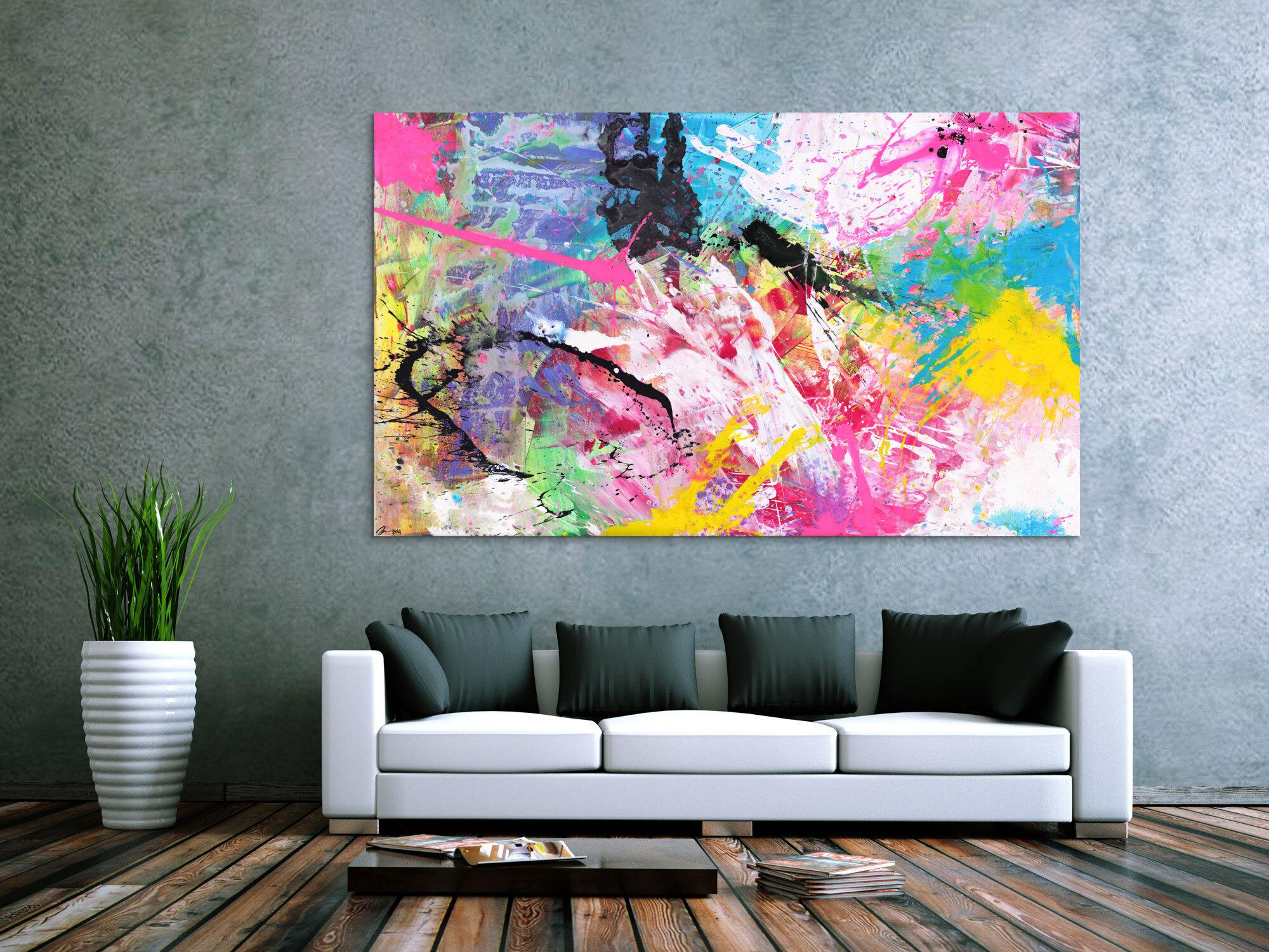 Abstraktes Gemälde sehr bunt neon Farben Action Painting Modern Art