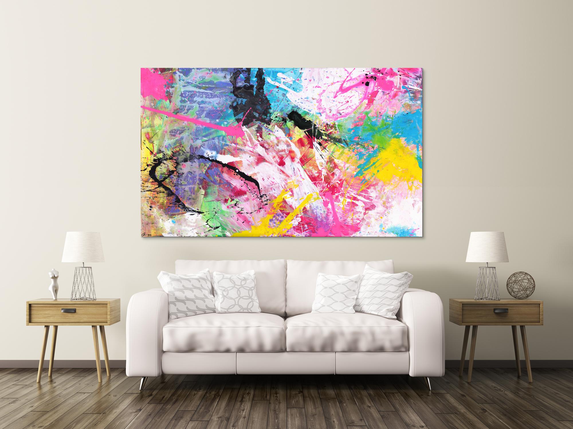 Abstraktes Gemälde sehr bunt neon Farben Action Painting Modern Art