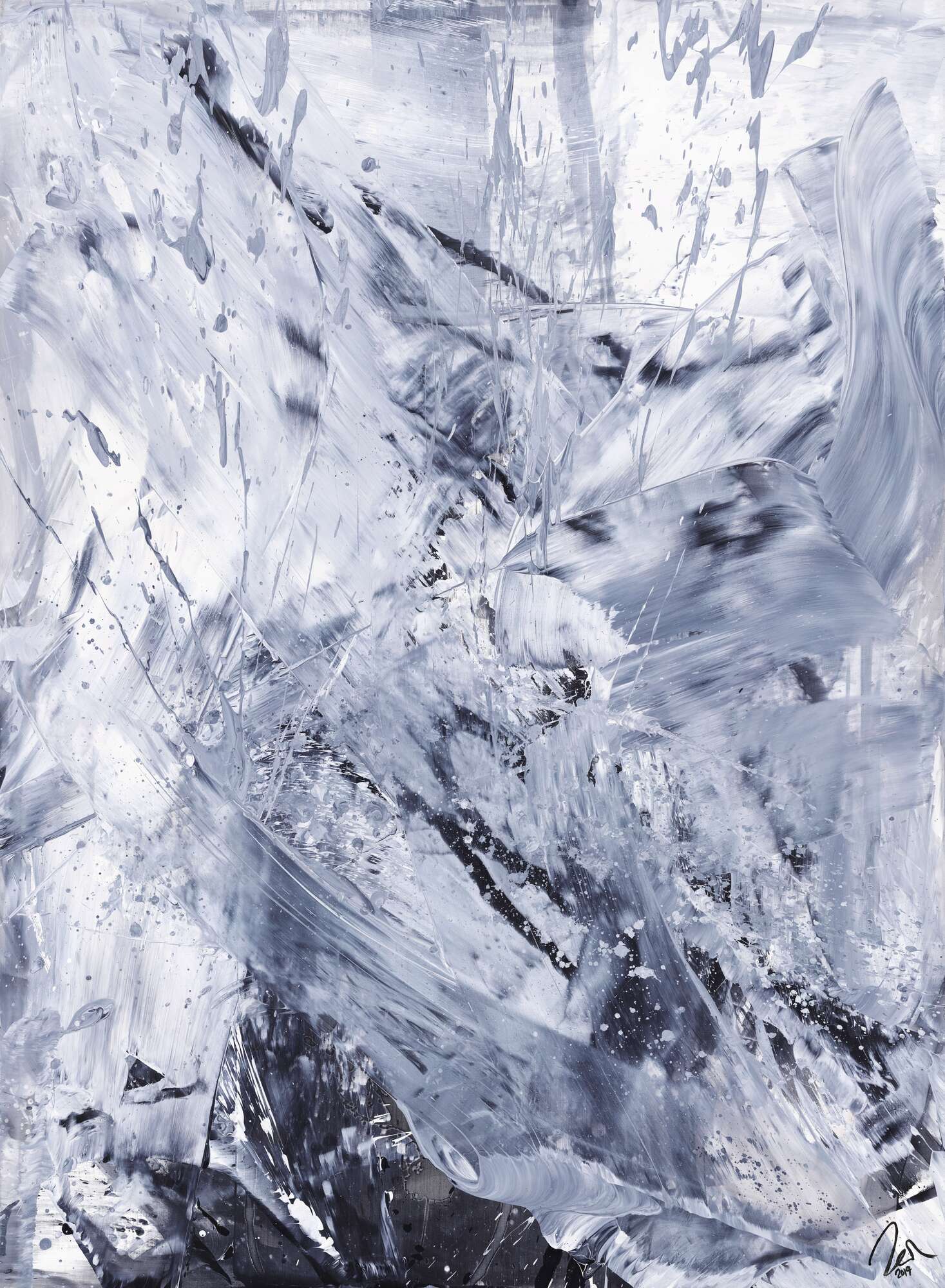 Gemälde Original abstrakt 150x110cm Minimalistisch Modern Art handgefertigt Action Painting weiß grau anthrazit Einzelstück