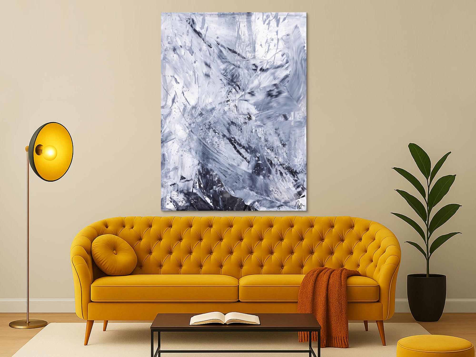 Gemälde Original abstrakt 150x110cm Minimalistisch Modern Art handgefertigt Action Painting weiß grau anthrazit Einzelstück