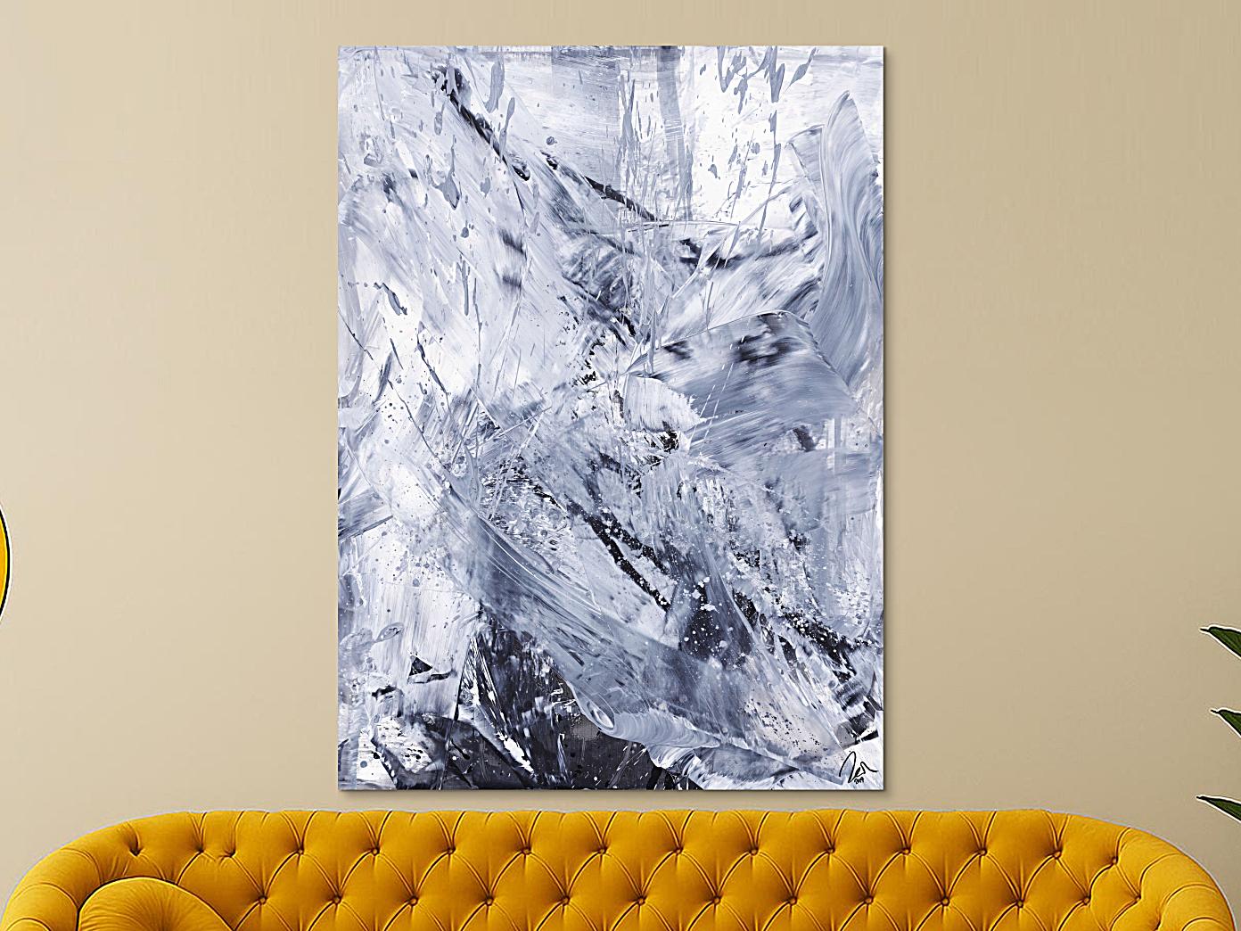 Gemälde Original abstrakt 150x110cm Minimalistisch Modern Art handgefertigt Action Painting weiß grau anthrazit Einzelstück