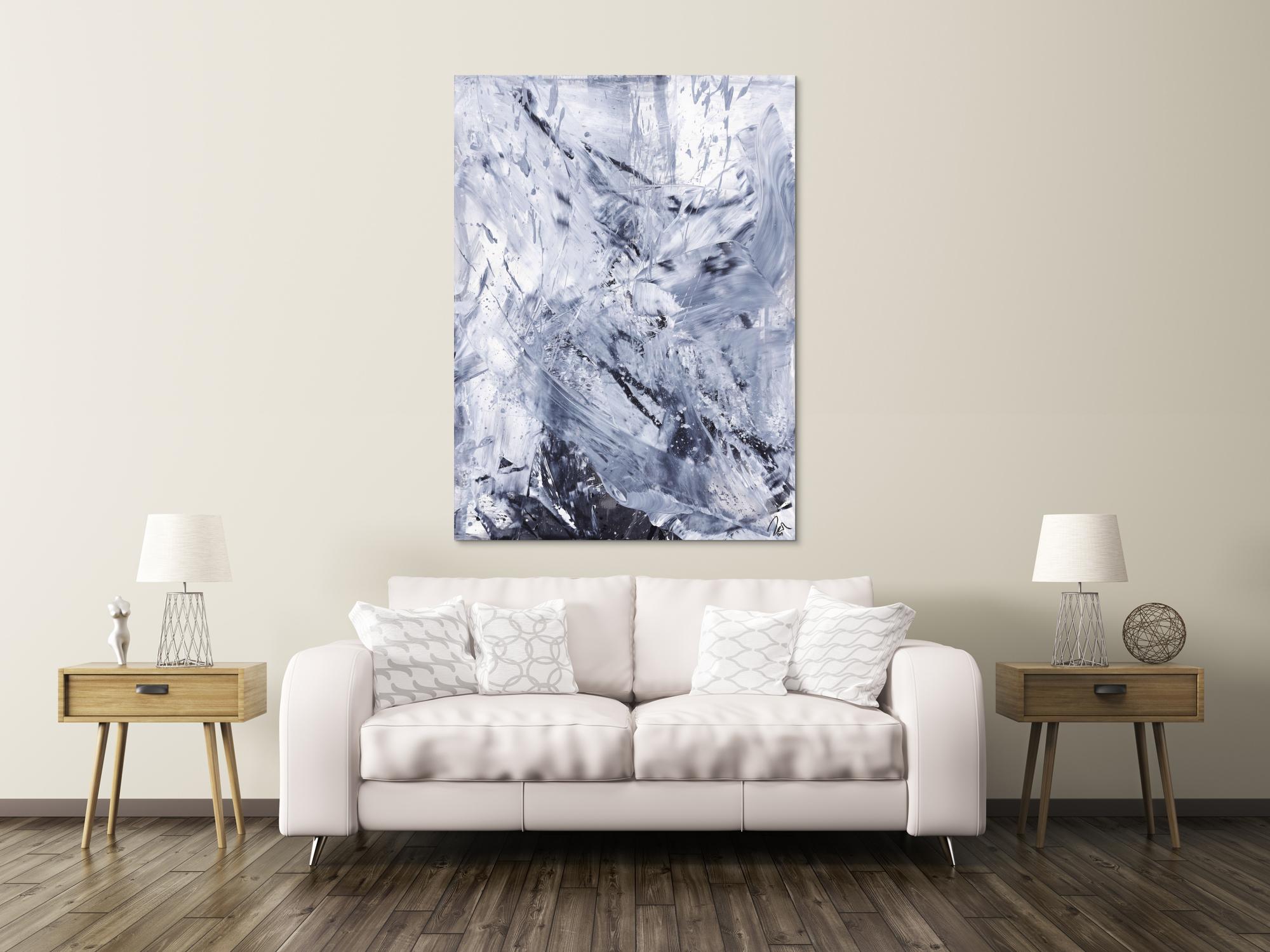Gemälde Original abstrakt 150x110cm Minimalistisch Modern Art handgefertigt Action Painting weiß grau anthrazit Einzelstück