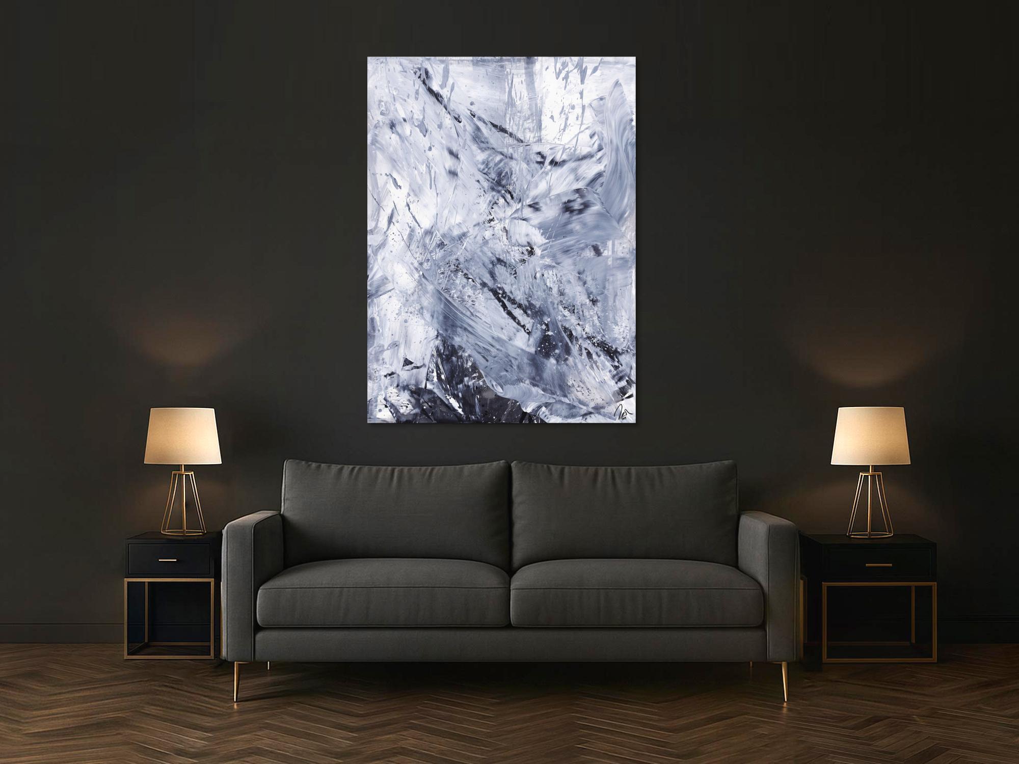 Gemälde Original abstrakt 150x110cm Minimalistisch Modern Art handgefertigt Action Painting weiß grau anthrazit Einzelstück