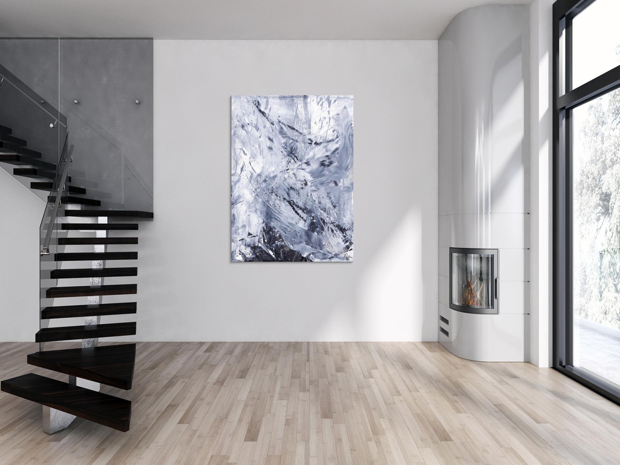 Gemälde Original abstrakt 150x110cm Minimalistisch Modern Art handgefertigt Action Painting weiß grau anthrazit Einzelstück