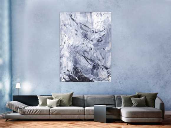 Gemälde Original abstrakt 150x110cm Minimalistisch Modern Art handgefertigt Action Painting weiß grau anthrazit Einzelstück