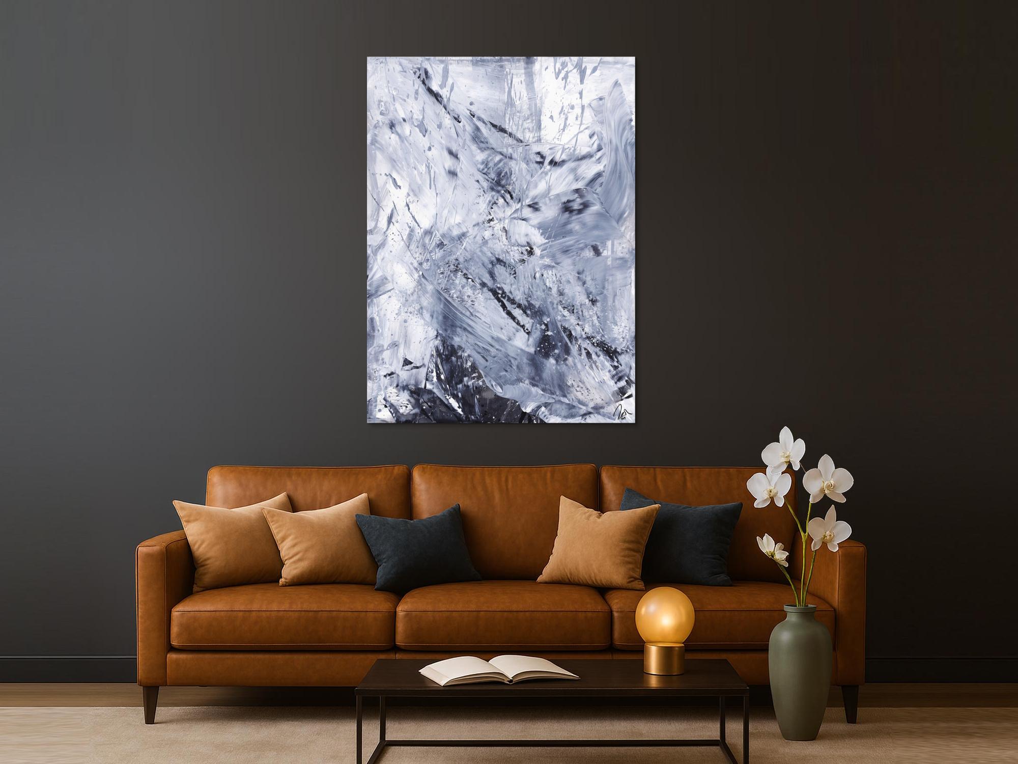 Gemälde Original abstrakt 150x110cm Minimalistisch Modern Art handgefertigt Action Painting weiß grau anthrazit Einzelstück