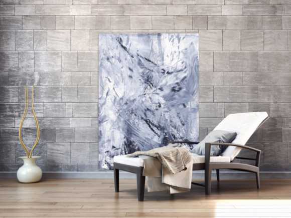 Gemälde Original abstrakt 150x110cm Minimalistisch Modern Art handgefertigt Action Painting weiß grau anthrazit Einzelstück