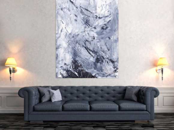 Gemälde Original abstrakt 150x110cm Minimalistisch Modern Art handgefertigt Action Painting weiß grau anthrazit Einzelstück