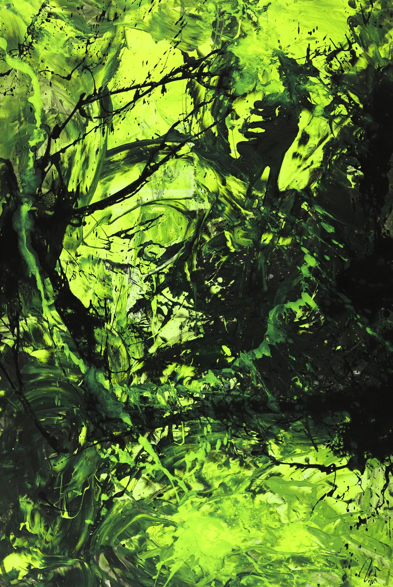 Abstraktes Gemälde neon grün schwarz Action Painting handgemalt auf Leinwand im Hochformat