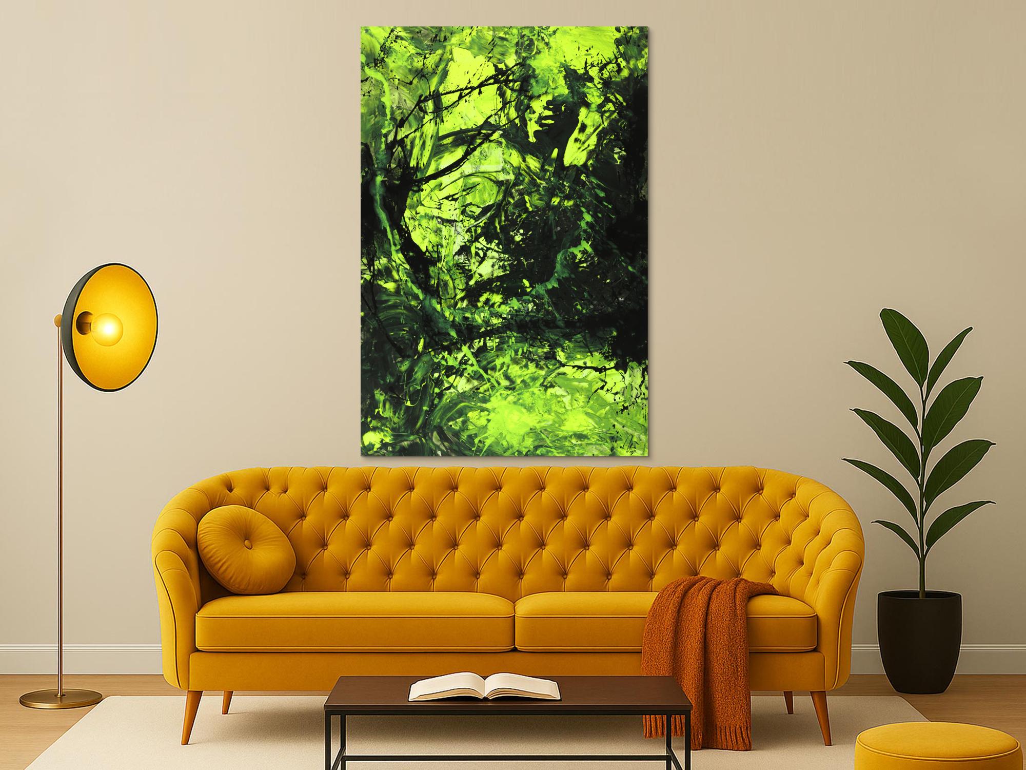 Abstraktes Gemälde neon grün schwarz Action Painting handgemalt auf Leinwand im Hochformat